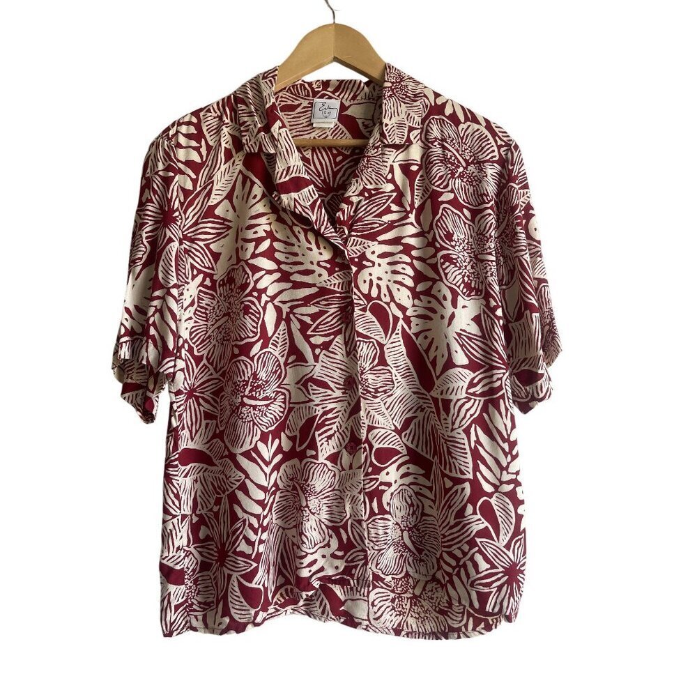 Vintage EVA Made in USA Rayon Red Cream Tropical Palm Leaf Print Hawaiian Shirt